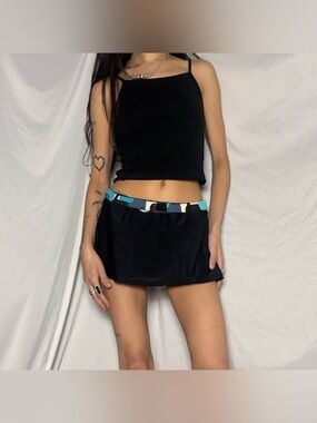 Y2K Ocean Dream Low Rise Black Mini Swim Skirt W Built In Blue Belt